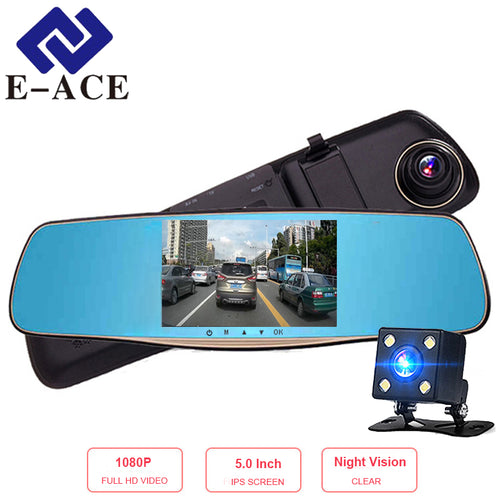 E-ACE 5.0 Inch Car DVR Mirror Full hd 1080P Rearview Mirror Camera With Dual Len Car Video Registrator Dash Camera Auto Dash Cam